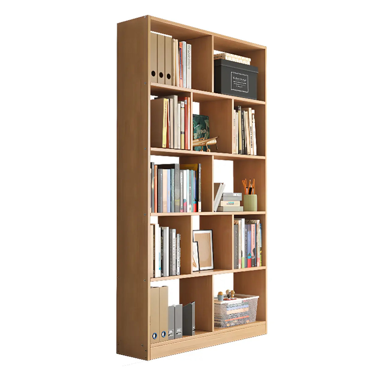 Brown Vertical Modish Open Back Wood Tall Bookcase Image - 9