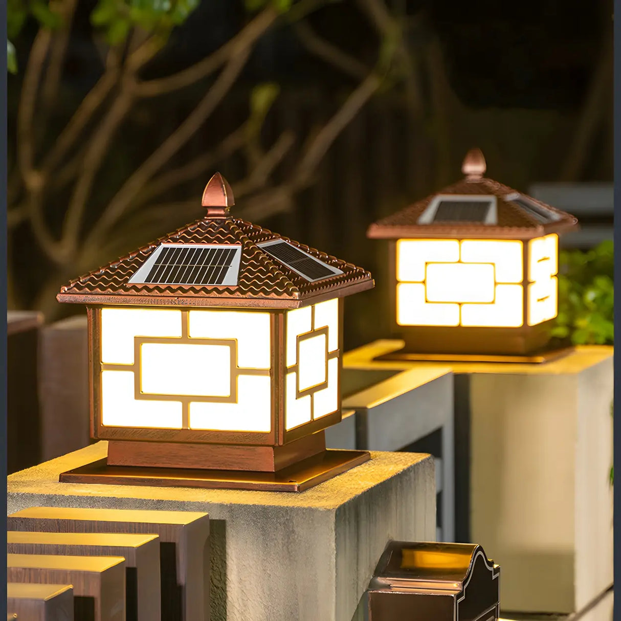 Brown Vintage Square Solar Garden Lantern Outdoor Lamp Image - 7