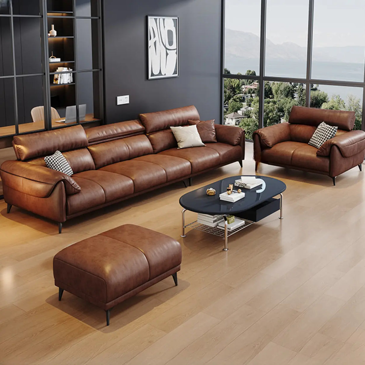 Brown Water Resistant Oiled Leather Down Fill Sofa Image - 6