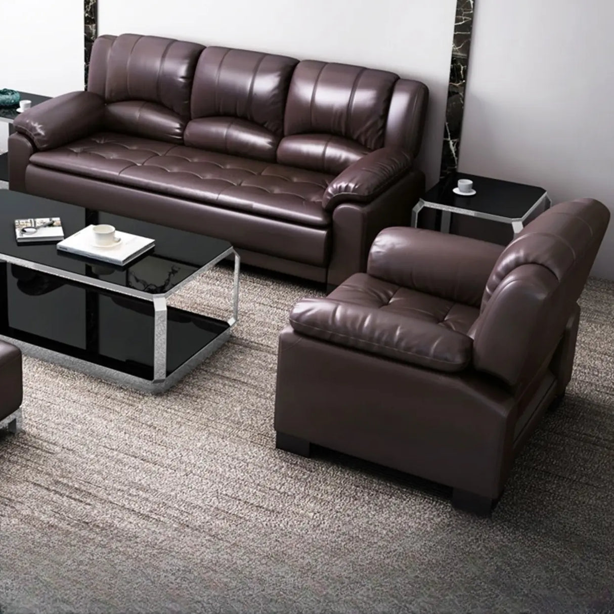 Brown Waterproof Faux Leather 3-Seater Sofa with Arms Image - 11