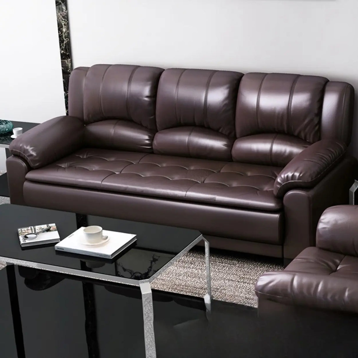 Brown Waterproof Faux Leather 3-Seater Sofa with Arms Image - 3
