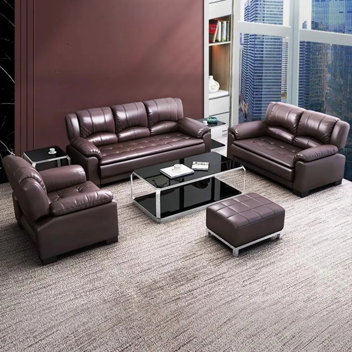 Brown Waterproof Faux Leather 3-Seater Sofa with Arms Image - 4