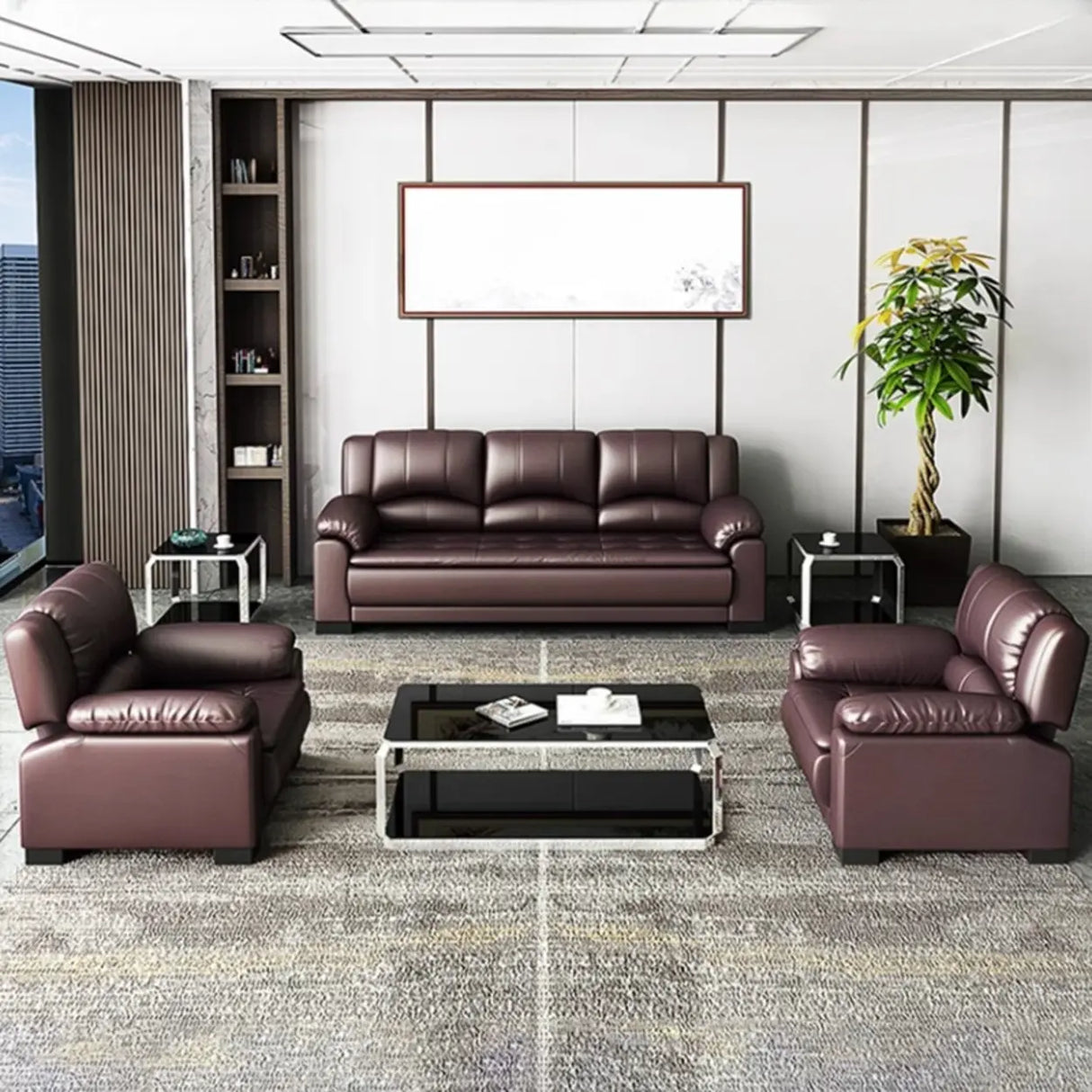 Brown Waterproof Faux Leather 3-Seater Sofa with Arms Image - 8