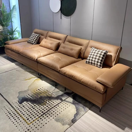 Brown Waterproof Faux Leather 4-Seats Sofa with Pillow Image - 1