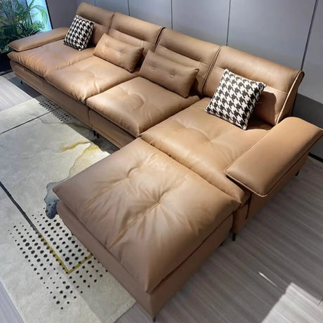 Brown Waterproof Faux Leather 4-Seats Sofa with Pillow Image - 2