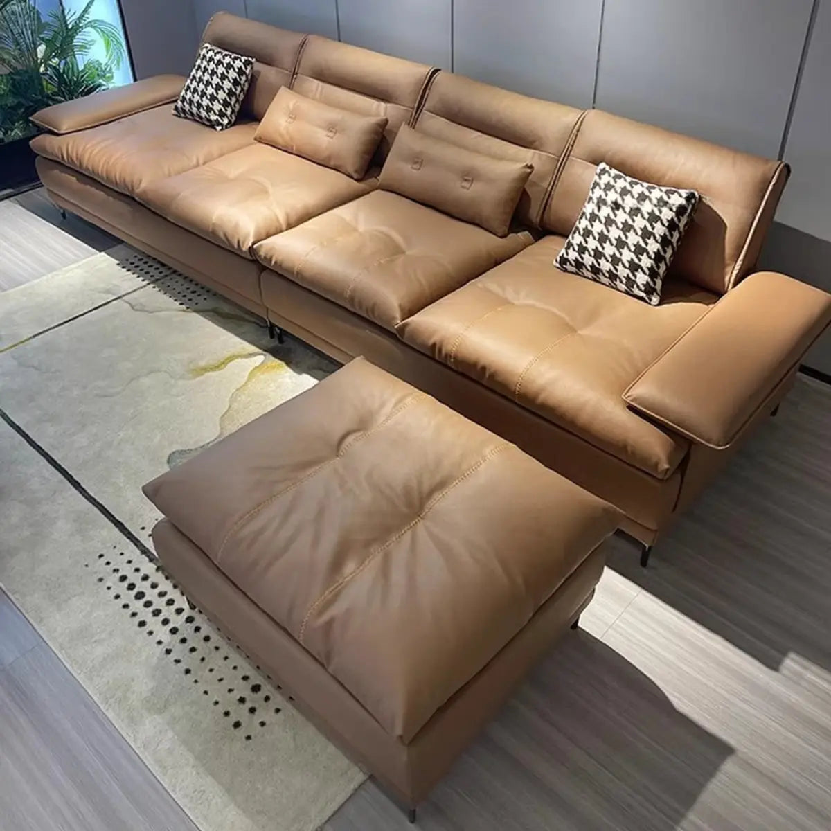 Brown Waterproof Faux Leather 4-Seats Sofa with Pillow Image - 3