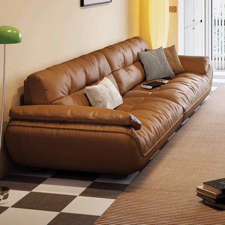 Brown Waterproof Genuine Leather Sofa with Arms Image - 2