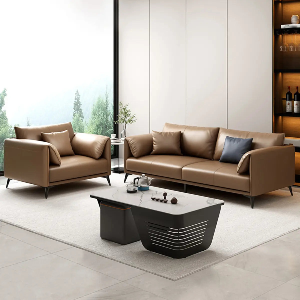 Brown Waterproof Leather Removable Cushions Sofa Image - 4