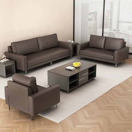 Brown Waterproof Leather Sofa with Upholstered Back Image - 1