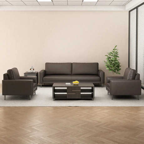 Brown Waterproof Leather Sofa with Upholstered Back Image - 2