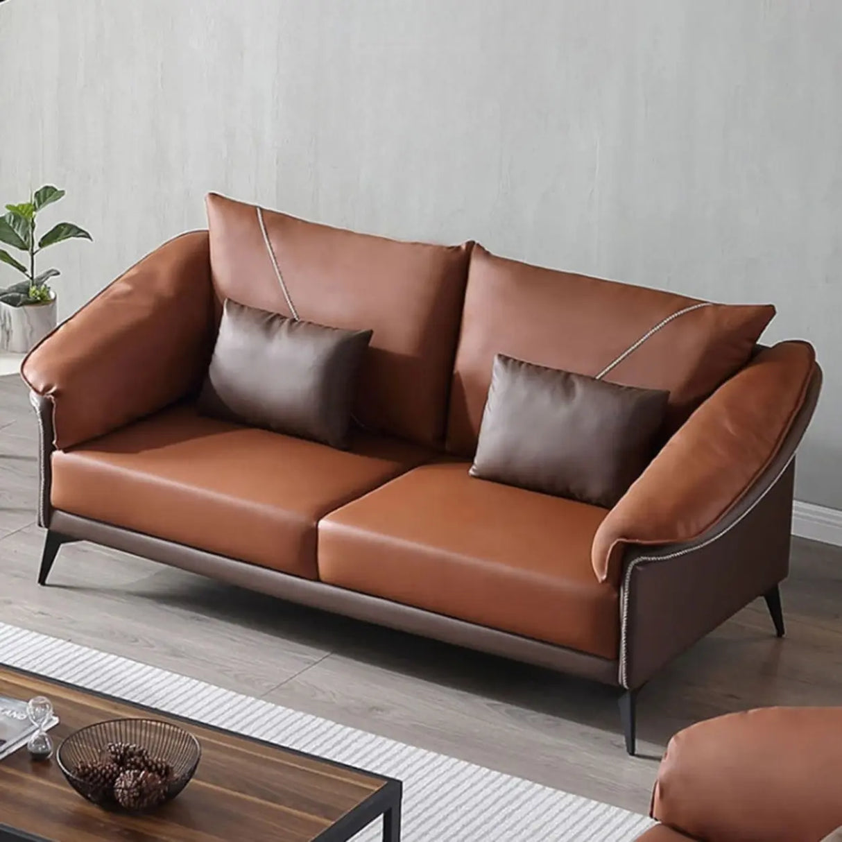 Brown Waterproof Leather Upholstered Back Sofa with Leg Image - 13