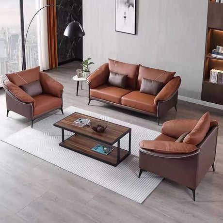 Brown Waterproof Leather Upholstered Back Sofa with Leg Image - 2