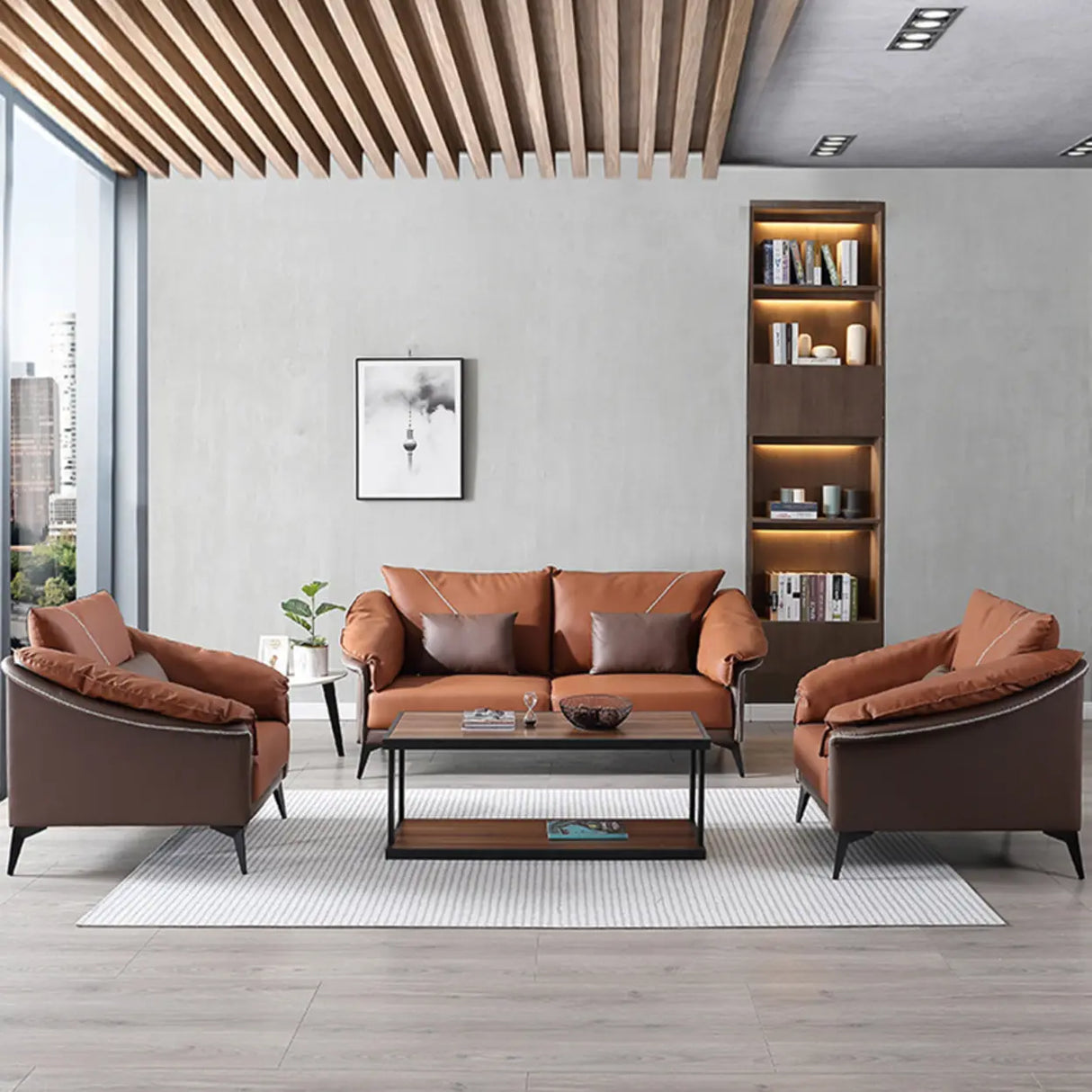 Brown Waterproof Leather Upholstered Back Sofa with Leg Image - 4