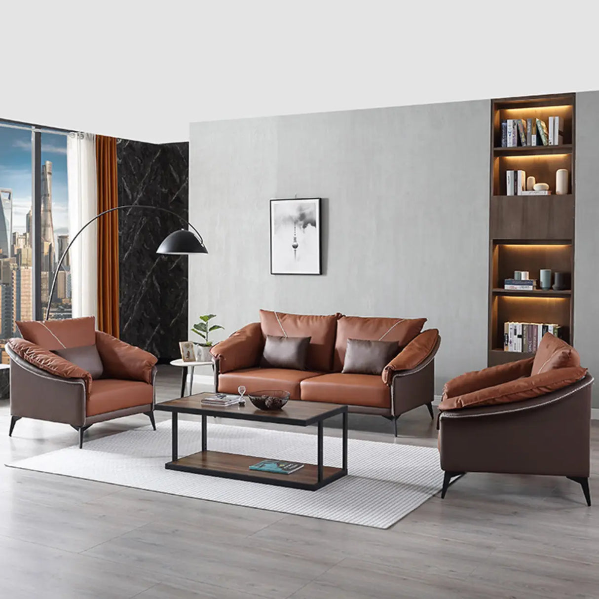 Brown Waterproof Leather Upholstered Back Sofa with Leg Image - 6