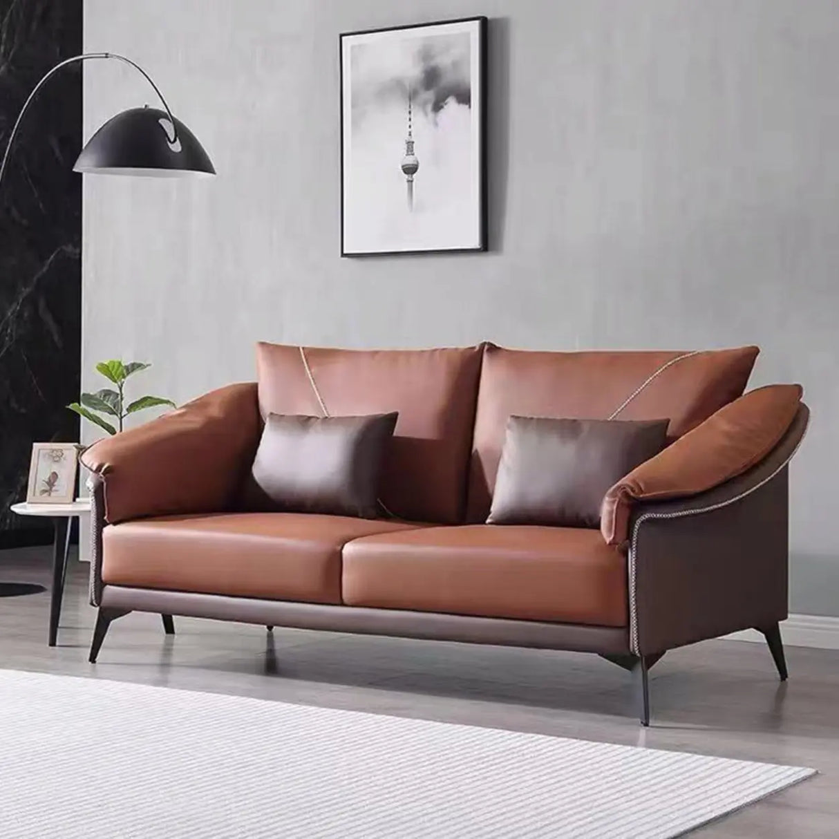 Brown Waterproof Leather Upholstered Back Sofa with Leg Image - 7