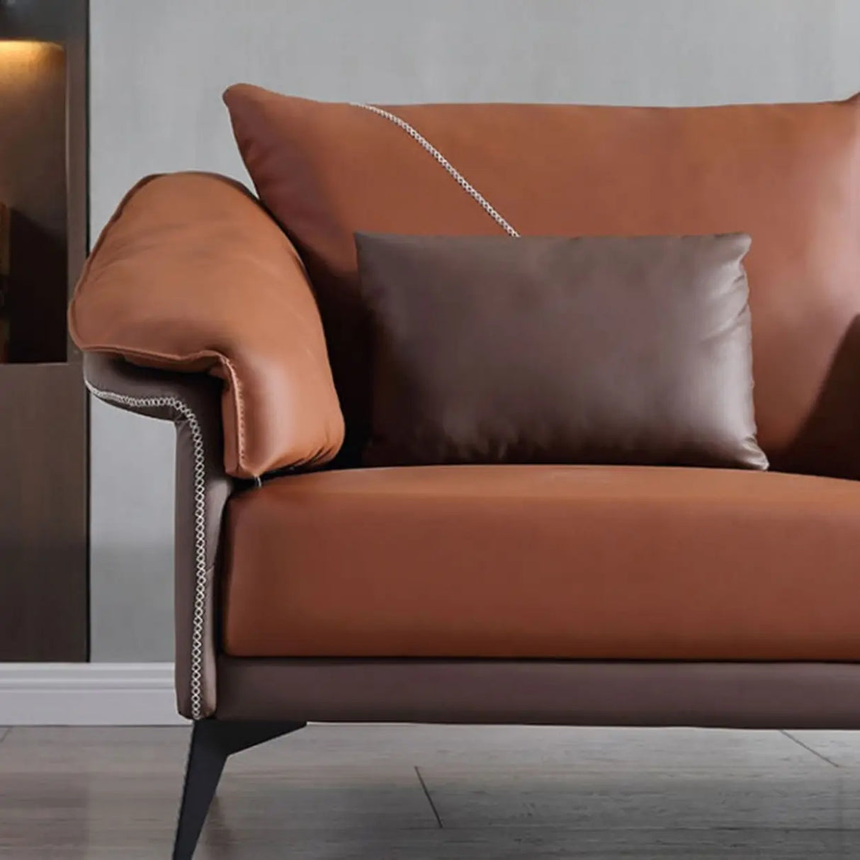Brown Waterproof Leather Upholstered Back Sofa with Leg Image - 9