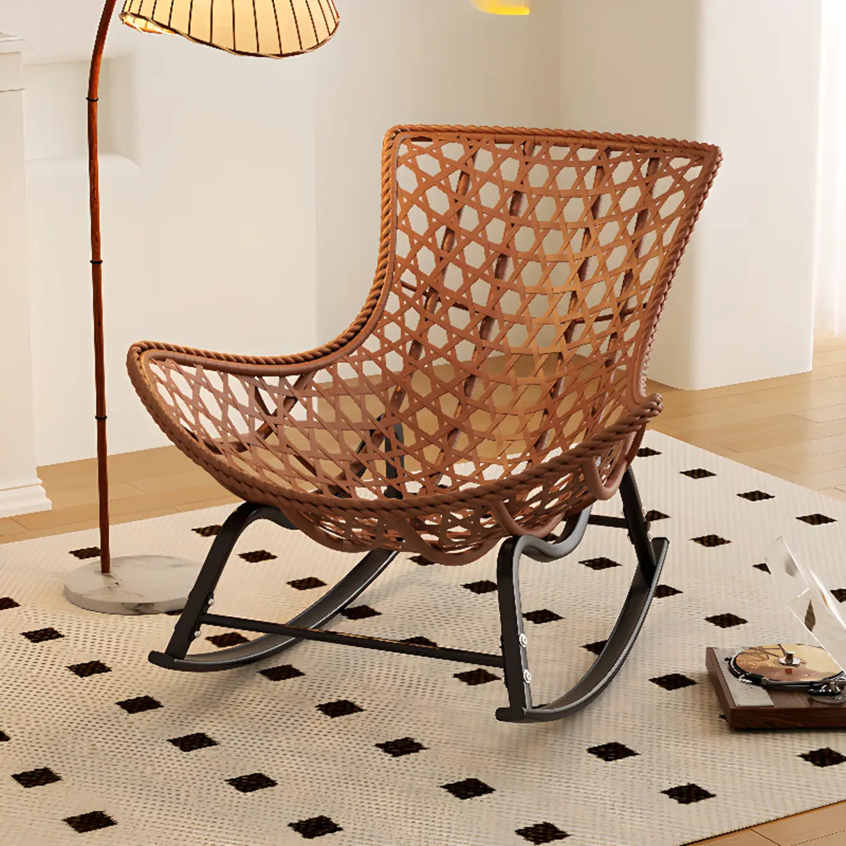 Brown Wicker Rattan Rocking Chair with Black Metal Leg Image - 1
