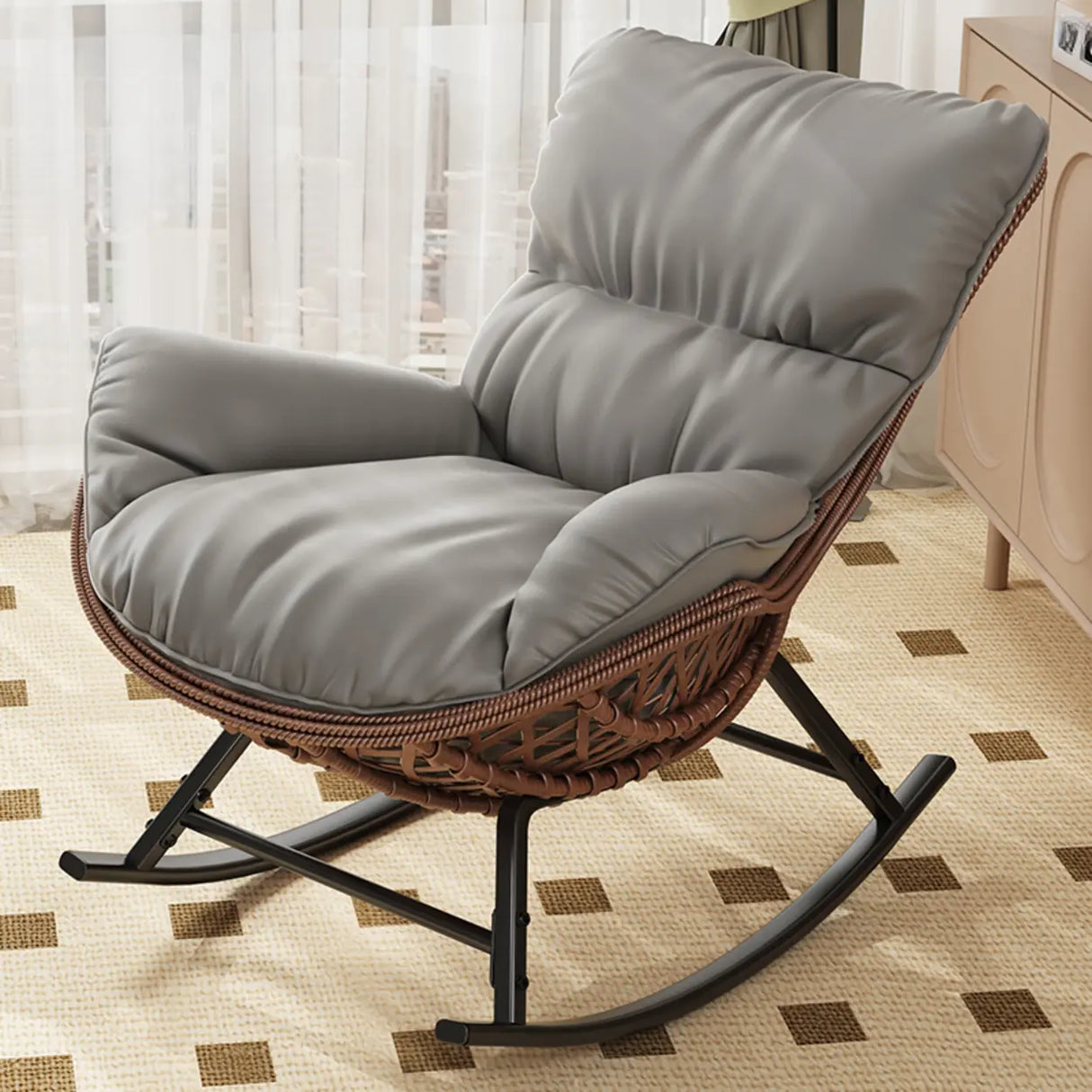 Brown Wicker Rattan Rocking Chair with Black Metal Leg Image - 18