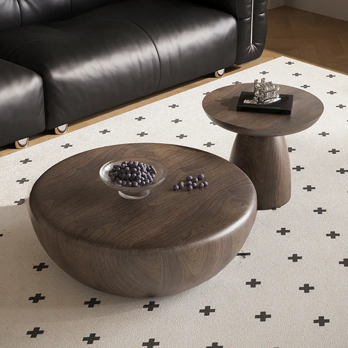 Brown Wood Bowl-Shaped Fixed Nesting Coffee Tables Image - 4