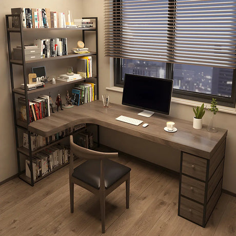 Brown Wood Corner Writing Desk with Exterior Shelf Image - 1