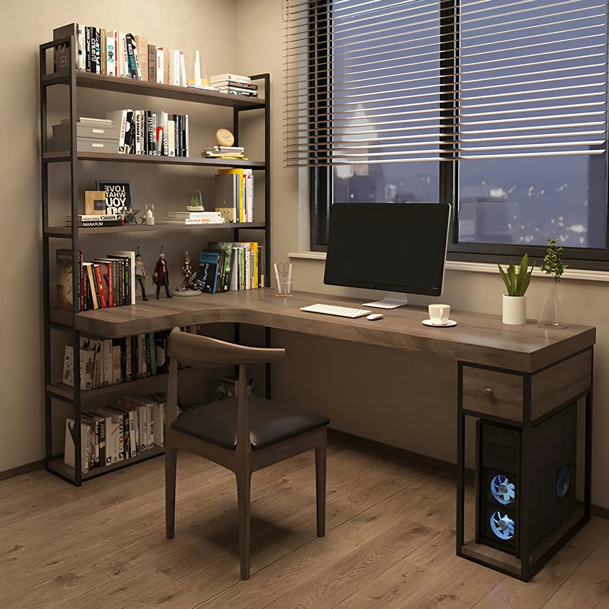 Brown Wood Corner Writing Desk with Exterior Shelf Image - 11