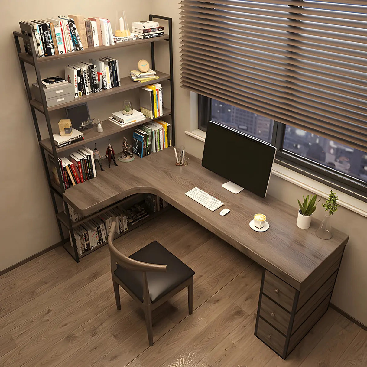 Brown Wood Corner Writing Desk with Exterior Shelf Image - 12