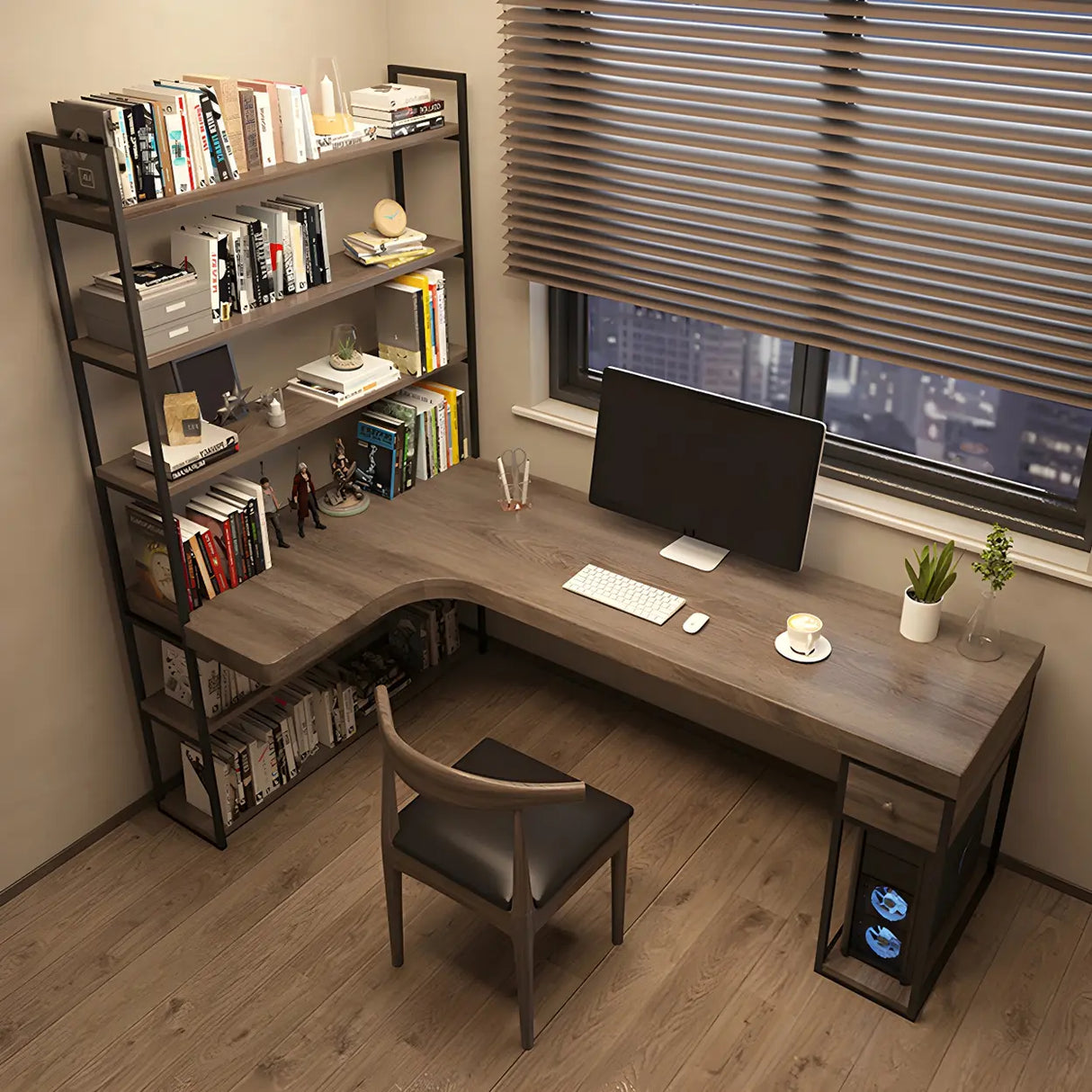 Brown Wood Corner Writing Desk with Exterior Shelf Image - 13