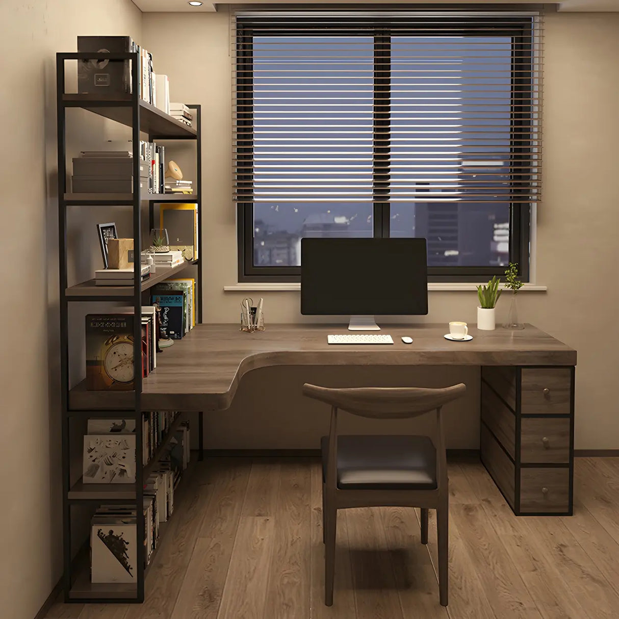 Brown Wood Corner Writing Desk with Exterior Shelf Image - 2