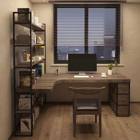 Brown Wood Corner Writing Desk with Exterior Shelf Image - 2