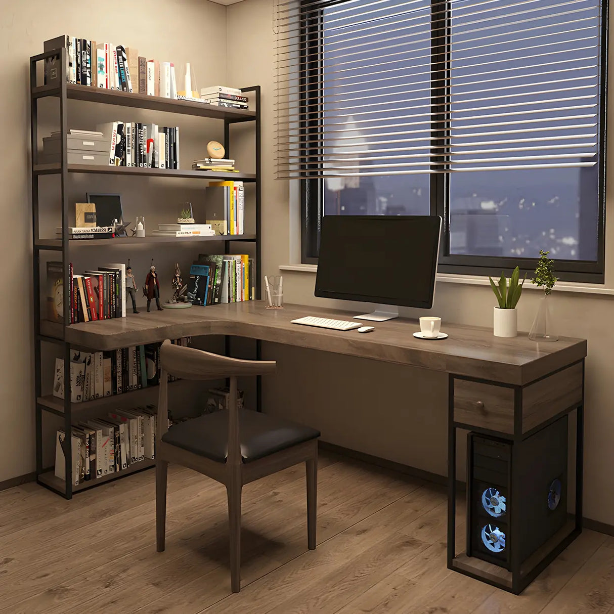 Brown Wood Corner Writing Desk with Exterior Shelf Image - 5