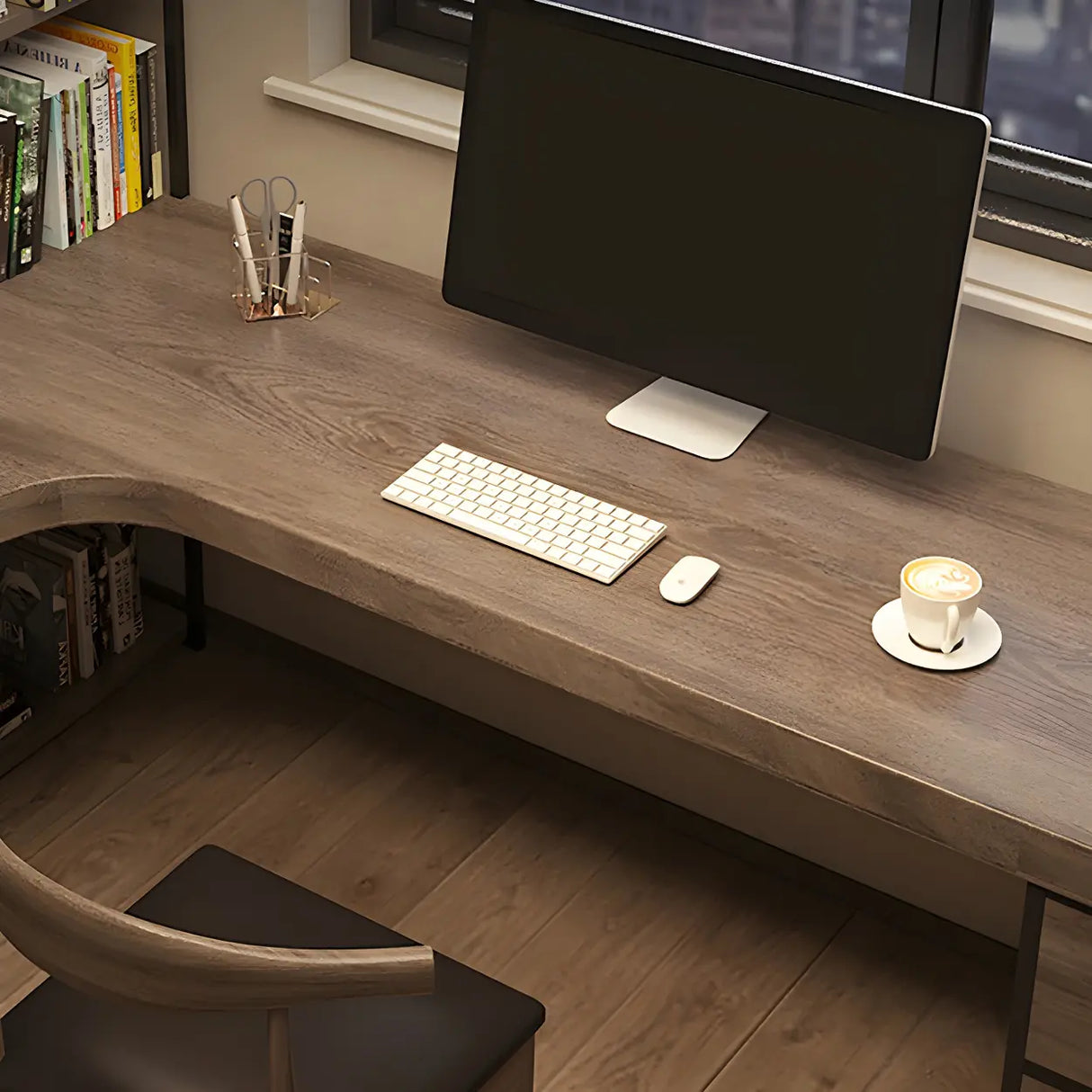Brown Wood Corner Writing Desk with Exterior Shelf Image - 8