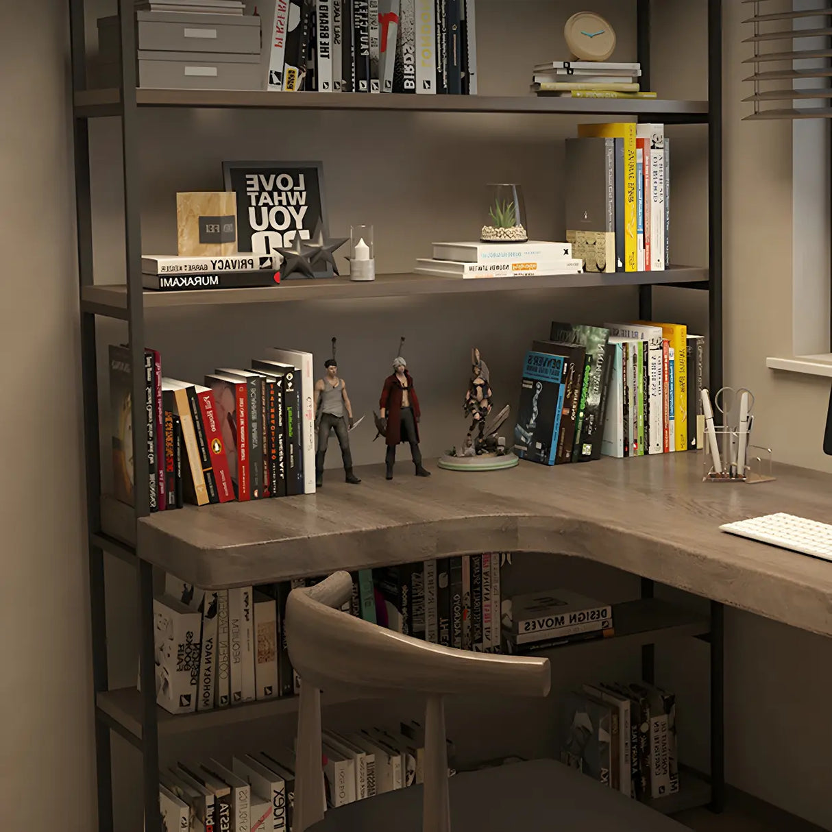 Brown Wood Corner Writing Desk with Exterior Shelf Image - 9