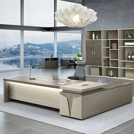 Brown Wood Exterior Shelf Executive Desk with Cabinet Image - 1