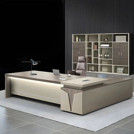 Brown Wood Exterior Shelf Executive Desk with Cabinet Image - 2