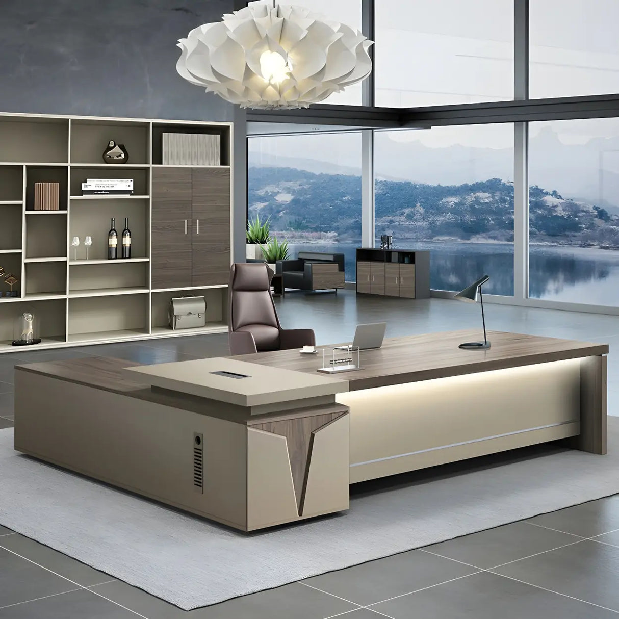 Brown Wood Exterior Shelf Executive Desk with Cabinet Image - 3