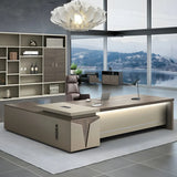 Brown Wood Exterior Shelf Executive Desk with Cabinet Image - 3