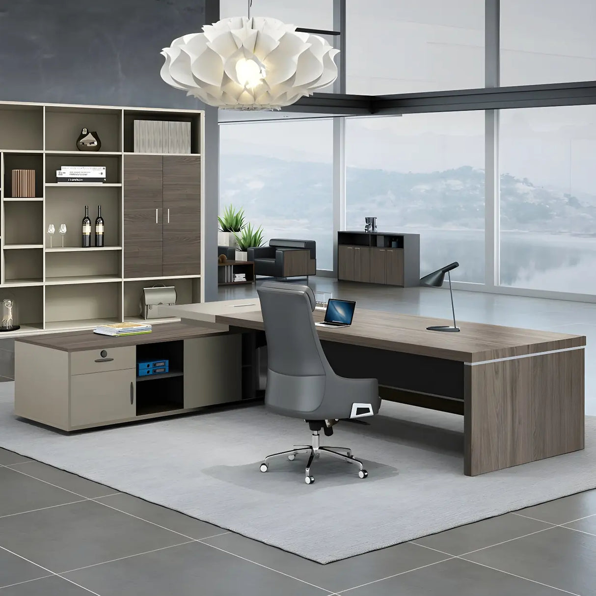 Brown Wood Exterior Shelf Executive Desk with Cabinet Image - 4