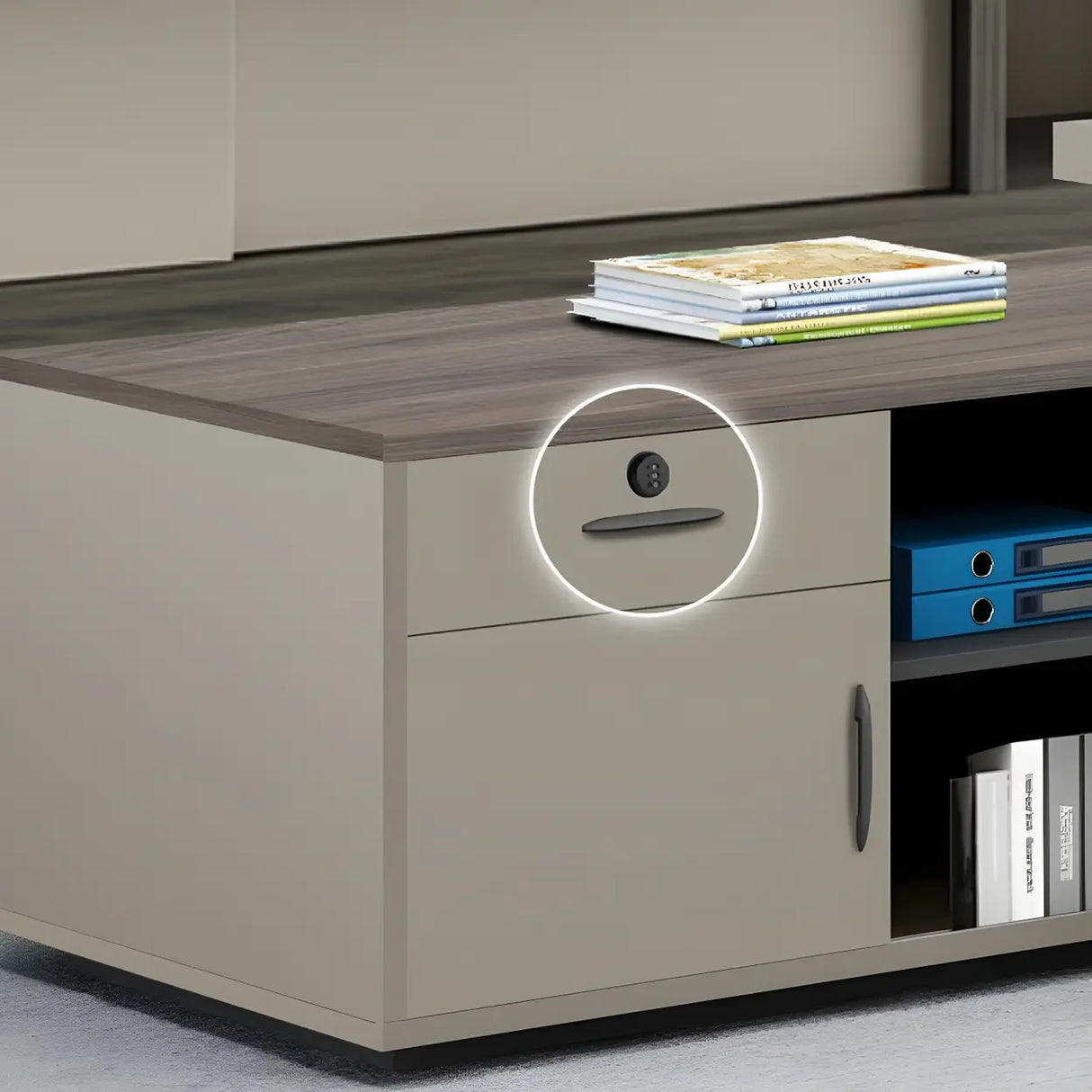 Brown Wood Exterior Shelf Executive Desk with Cabinet Image - 8