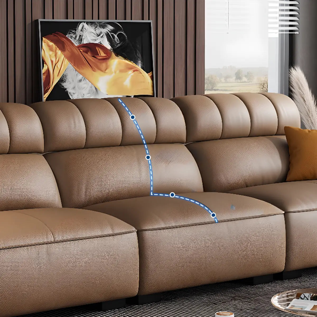 Brown Wood Frame Leather Three Seater Reception Sofa Image - 10