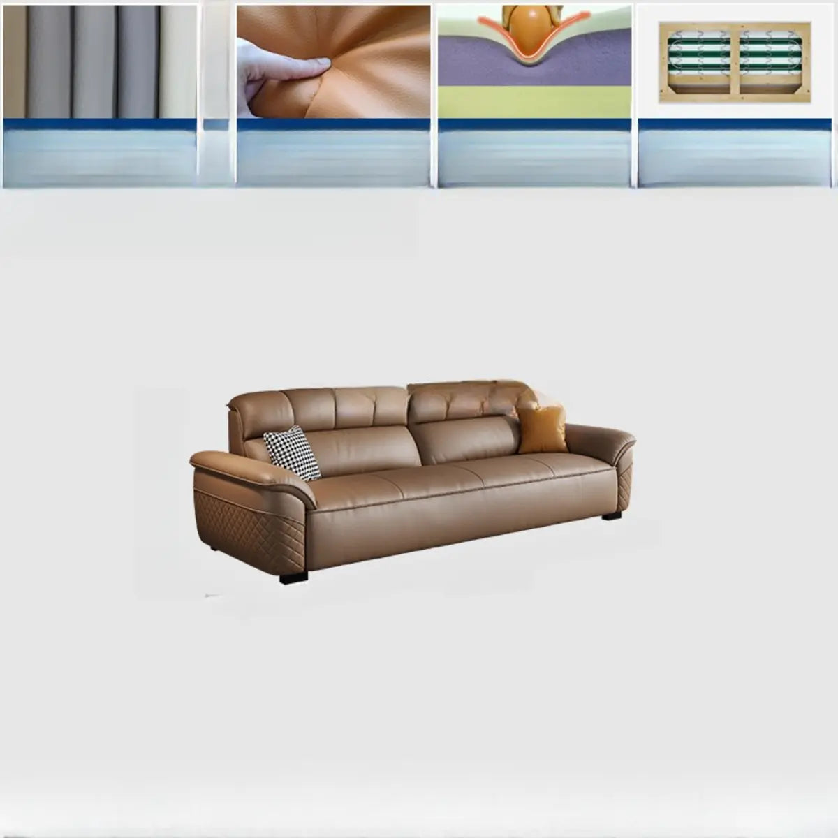 Brown Wood Frame Leather Three Seater Reception Sofa Image - 3