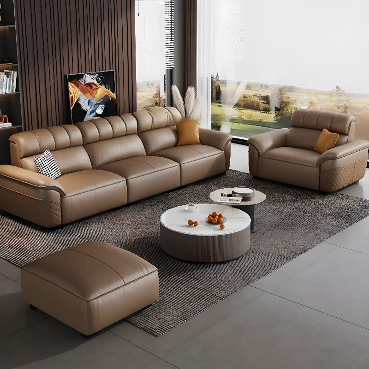 Brown Wood Frame Leather Three Seater Reception Sofa Image - 4