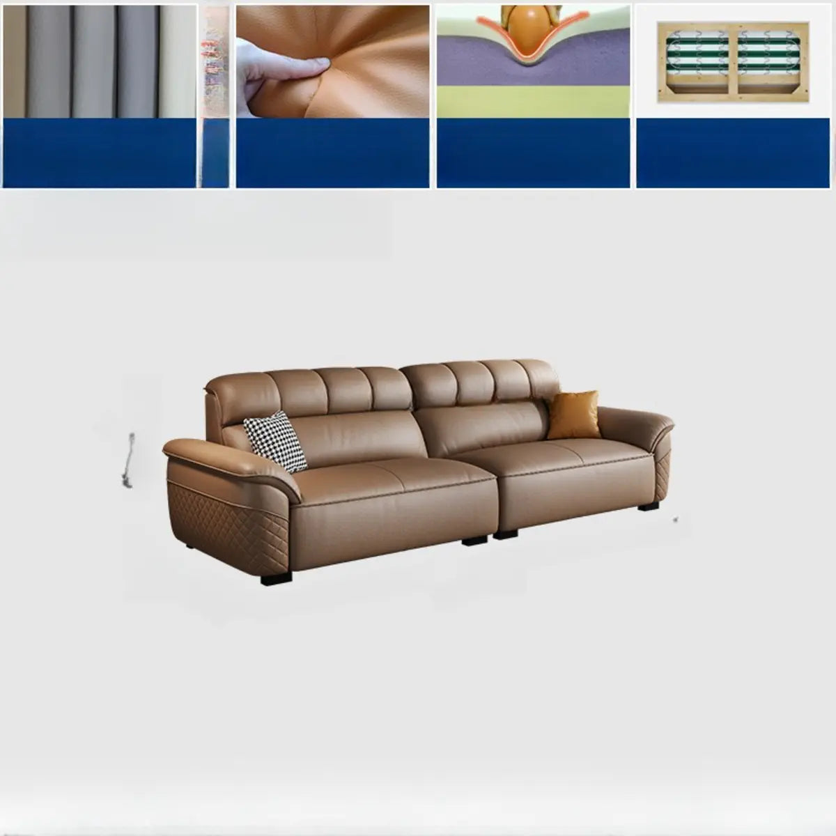 Brown Wood Frame Leather Three Seater Reception Sofa Image - 5