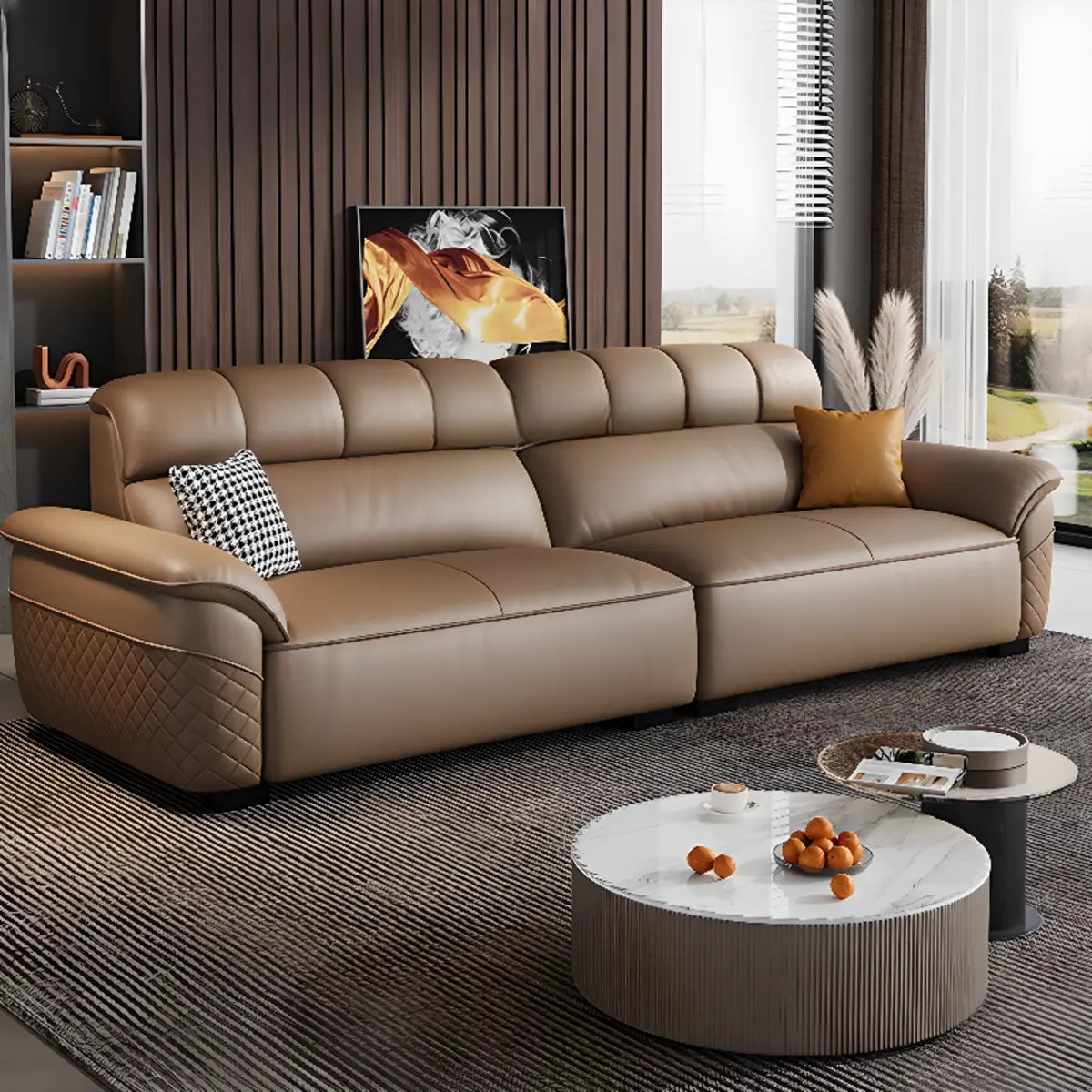 Brown Wood Frame Leather Three Seater Reception Sofa Image - 6