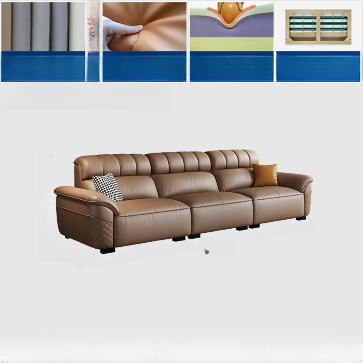 Brown Wood Frame Leather Three Seater Reception Sofa Image - 7