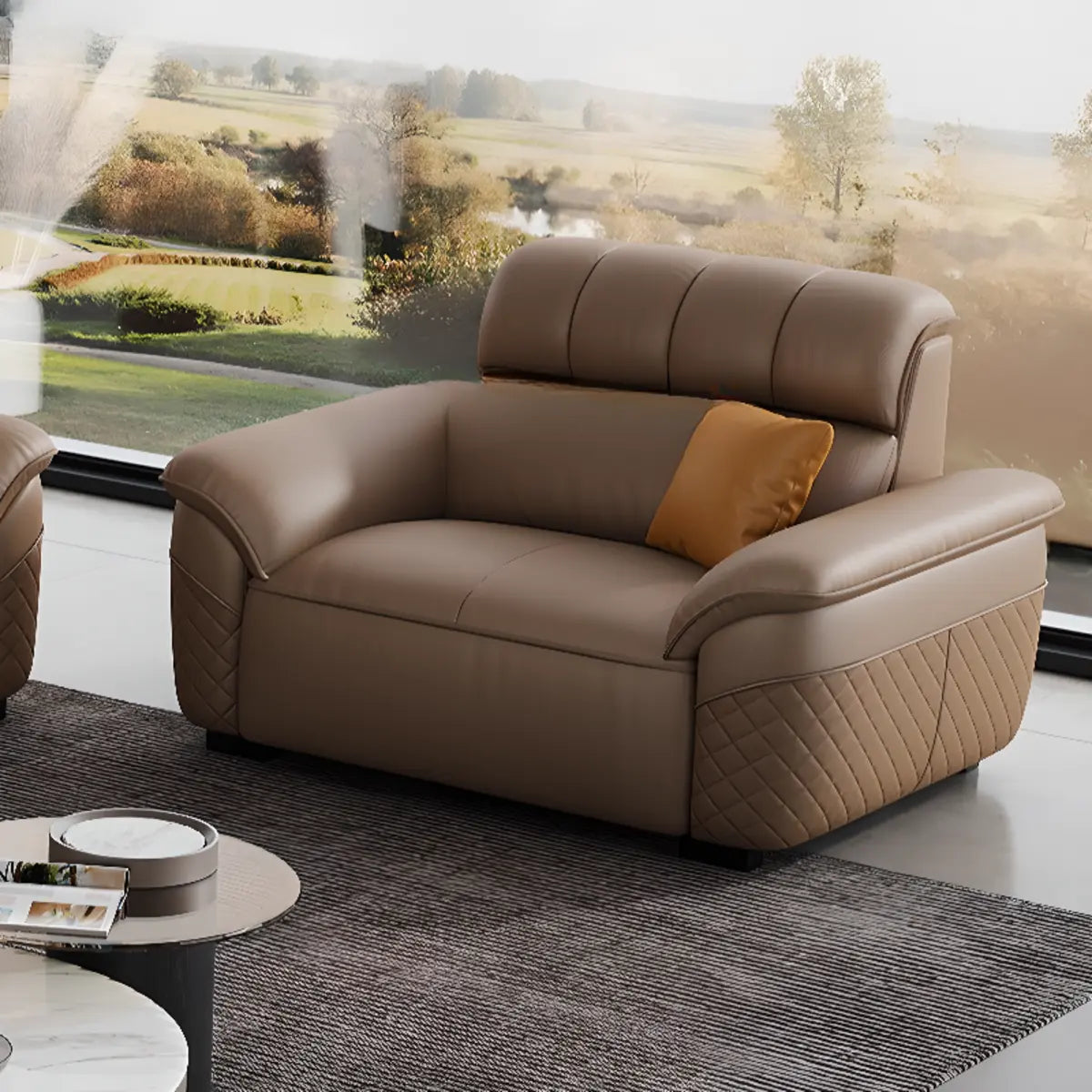 Brown Wood Frame Leather Three Seater Reception Sofa Image - 8