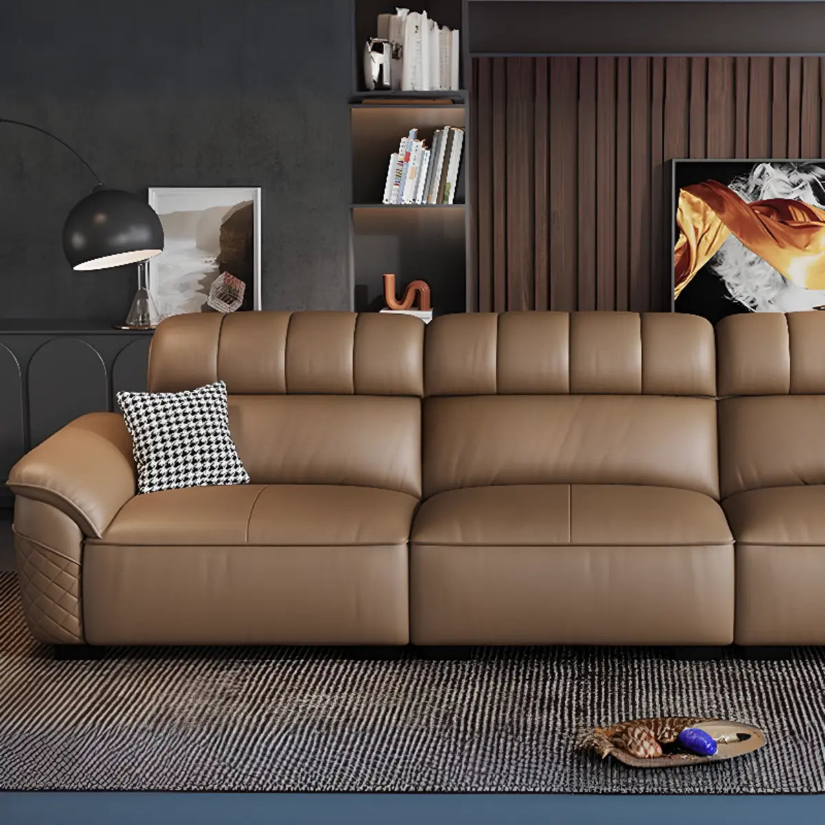 Brown Wood Frame Leather Three Seater Reception Sofa Image - 9
