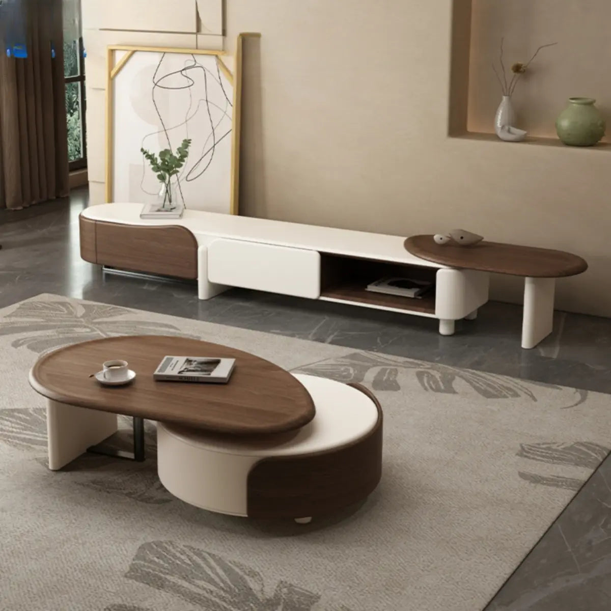 Brown Wood Free Form Tray Top Storage Coffee Table Image - 1