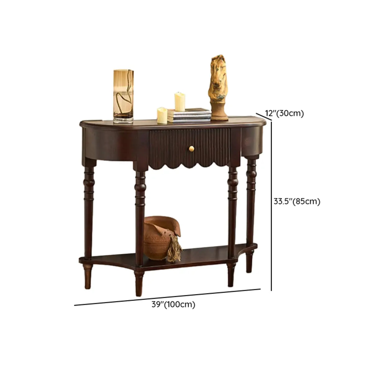 Brown Wood Half-circle Floor Shelf Console Table with Drawer 