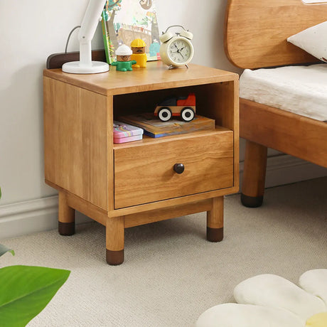 Brown Wood Narrow Length Kids Nightstand with Drawer Image - 1