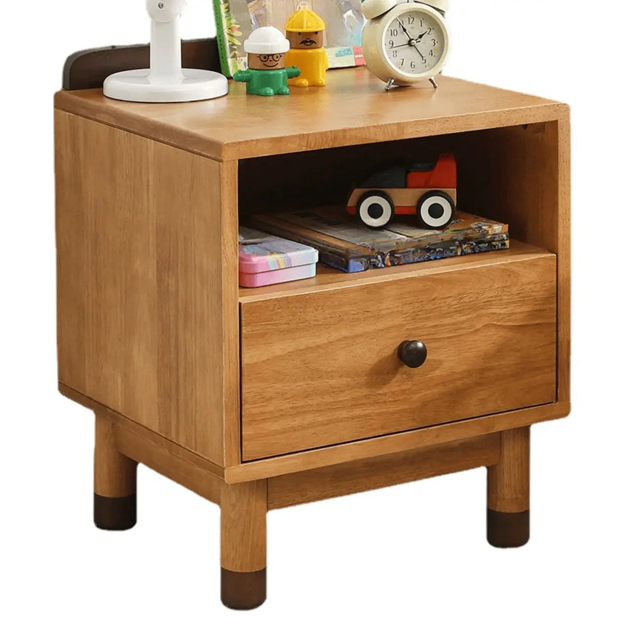 Brown Wood Narrow Length Kids Nightstand with Drawer Image - 10